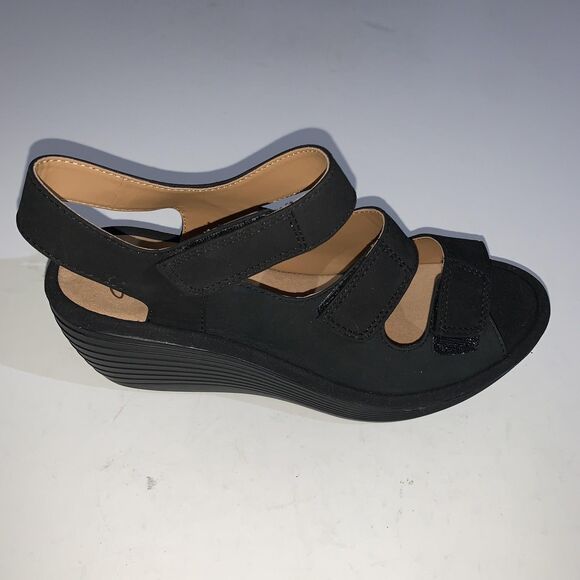 Clarks Sandals Womens Size 7.5 Black Reedly Juno Wedge Platform Comfort Leather - Picture 2 of 10